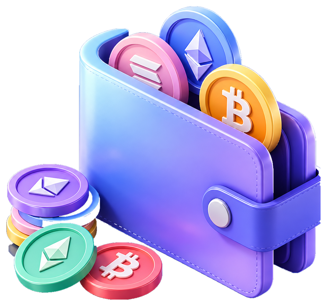 3D-кошелёк с криптомонетами Bitcoin, Ethereum и другими активами на прозрачном фоне